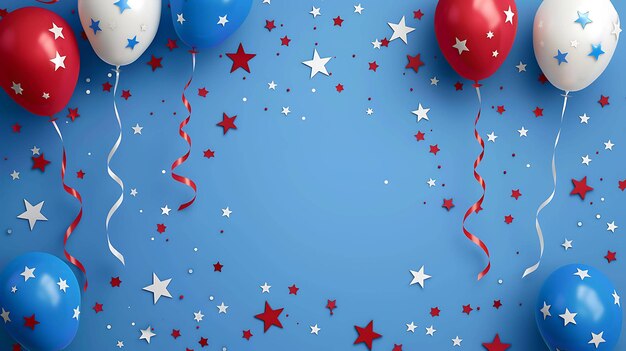 Rote, weiße und blaue Ballons mit Sternen und Konfetti auf blauem Hintergrund Perfekt für den 4. Juli oder den Gedenktag