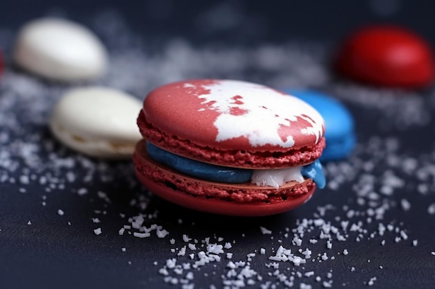 Rote, weiße und blaue Makronen liegen auf einem Tisch mit Meersalz auf dem Tisch.