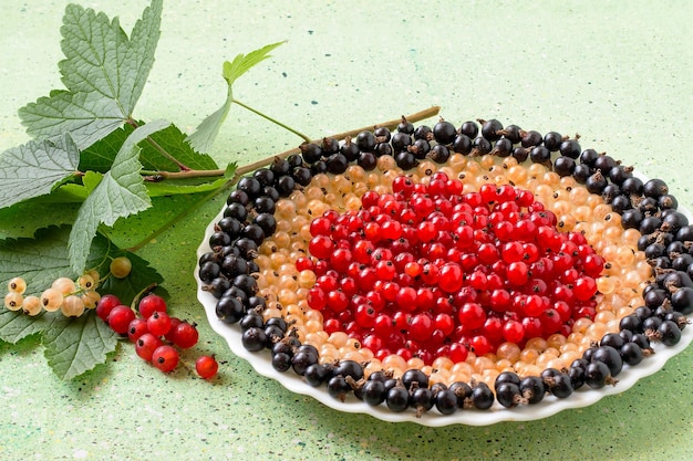 Rote, weiße und schwarze Johannisbeeren auf einem Teller