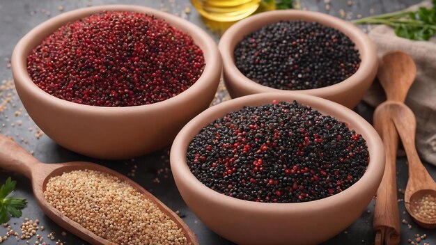 Rote, weiße und schwarze Quinoa in Lehmschüsseln