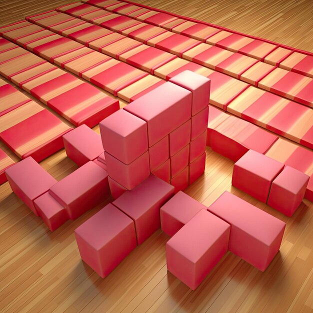 Rote Würfel auf Holzboden, 3D-Illustration, perspektivische Ansicht