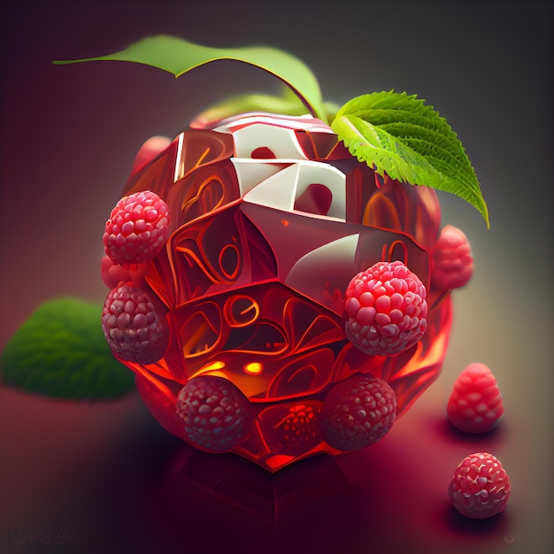 Rote Würfel und Himbeeren auf dunklem Hintergrund, 3D-Illustration