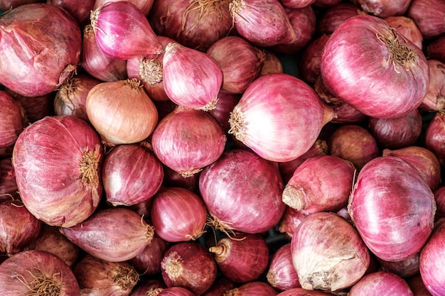 Rote Zwiebeln auf dem traditionellen Markt in Thailand