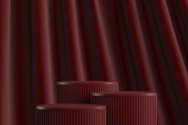Rote zylindrische Plattform mit drei Stufen auf rotem Samtvorhang