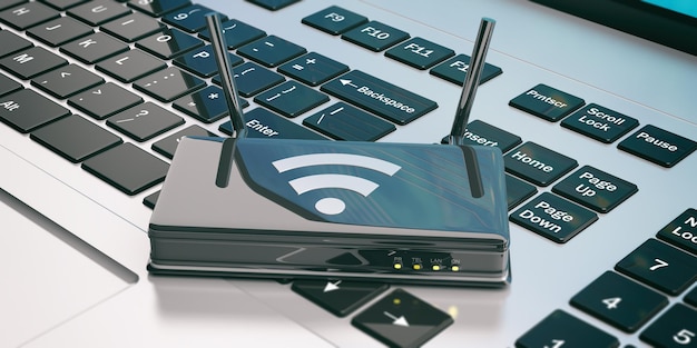 Roteador Wi-Fi em uma ilustração 3d de laptop