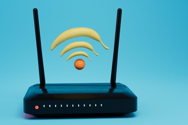 Roteador WiFi e ícone WiFi composto por bananas e renderização 3D laranja