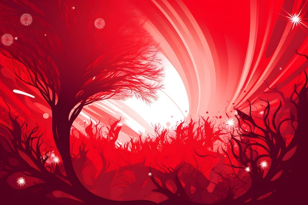 Roter abstrakter Hintergrund mit Baum und Sonne im Hintergrund und Sternen am Himmel Generative KI