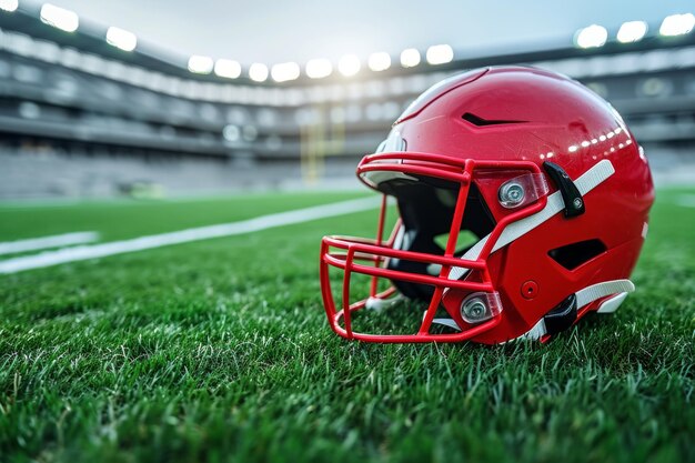 roter amerikanischer Fußballhelm auf Gras auf dem Spielfeld in einem leeren Stadion k echtes Foto