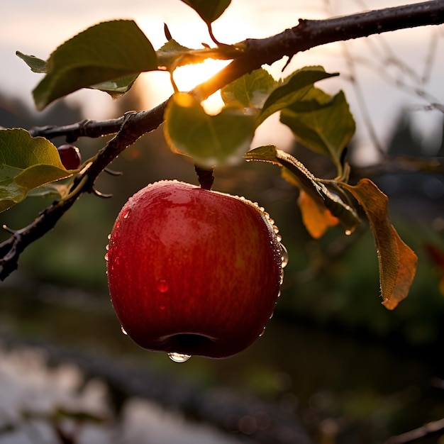 Roter Apfel auf einem Ast in der Sonne