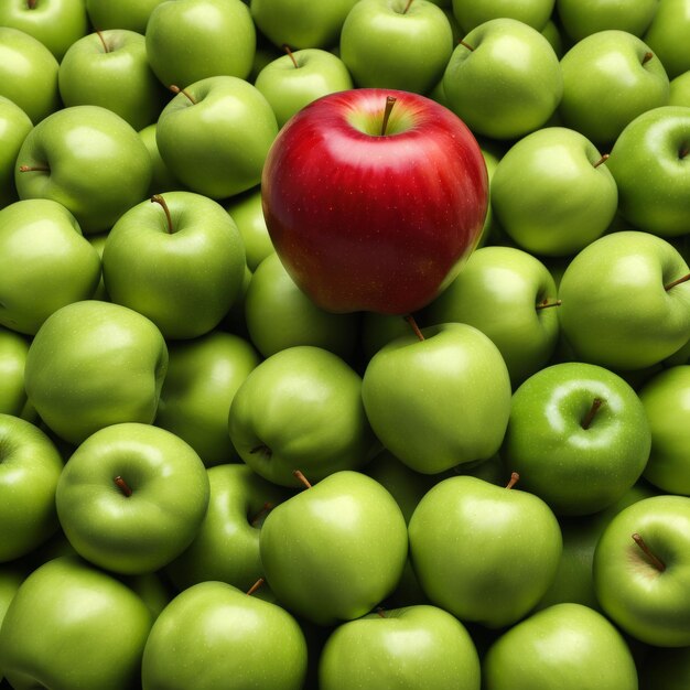 Roter Apfel auf Hintergrund von grünen Äpfeln Top-View Gesundes Lebensmittelkonzept