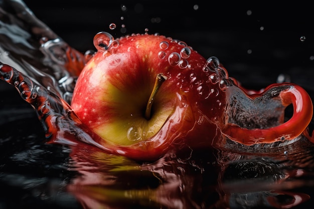Roter Apfel, der mit Spritzern auf schwarzem Hintergrund ins Wasser fällt Generative KI