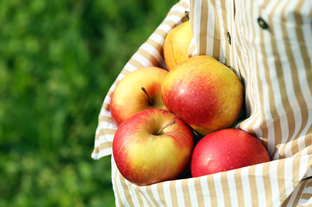 Roter Apfel im Saum der weiblichen Kleidungsnahaufnahme