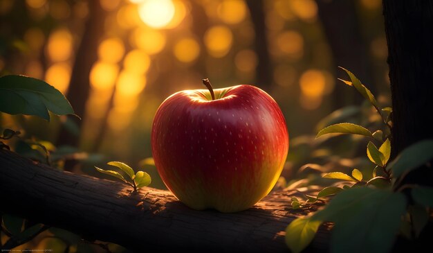 Roter Apfel mit Sonnenaufgang im Waldhintergrund Generative KI