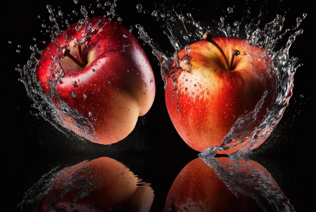 Roter Apfel mit Wasserspritzer isoliert auf schwarzem Hintergrund, generative KI