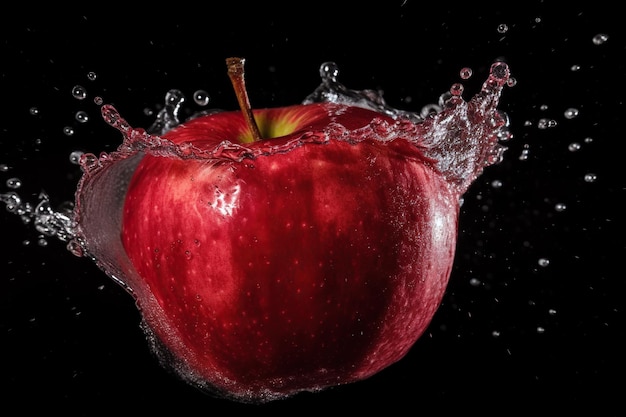 Roter Apfel mit Wasserspritzer isoliert auf schwarzem Hintergrund Nahaufnahme der generativen KI