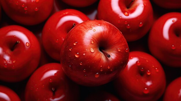 Roter Apfel mit Wassertropfen auf dunklem Hintergrund, Nahaufnahme einer generativen KI