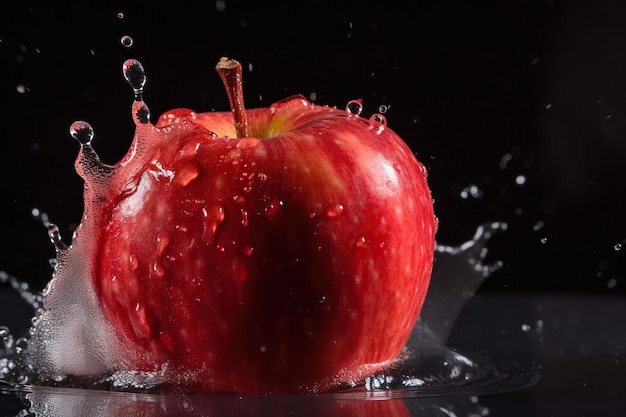 Roter Apfel mit Wassertropfen auf schwarzem Hintergrund Studio-Aufnahme