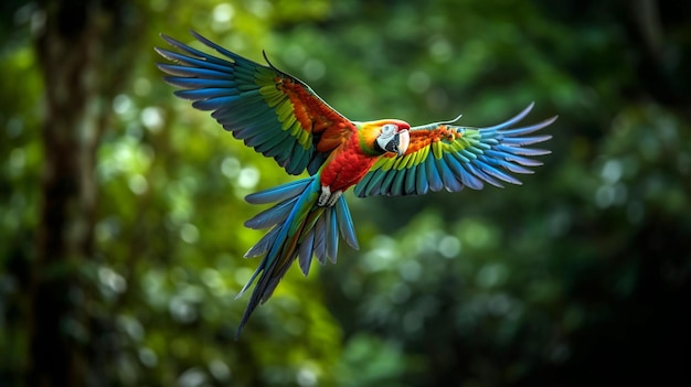 Roter Ara-Papagei fliegt in dunkelgrüner Vegetation mit schönem Hinterlicht und Regen