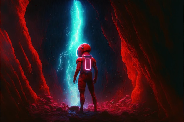 Roter Astronaut, der ein großes Loch mit Blitzen auf dem Planeten anschaut, Illustration im digitalen Kunststil, Fantasiekonzept eines Astronauten, der ein großes Loch anschaut