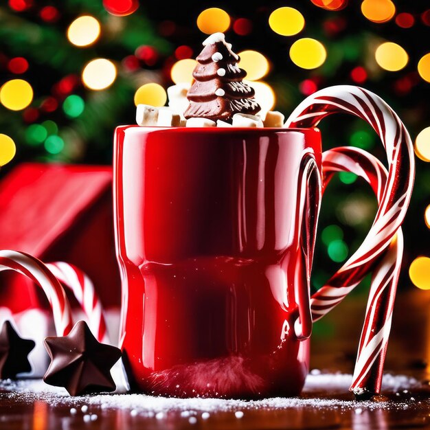 Foto roter becher mit heißer schokolade und marshmallow-süßigkeiten auf einem rustikalen tisch weihnachtshintergrund