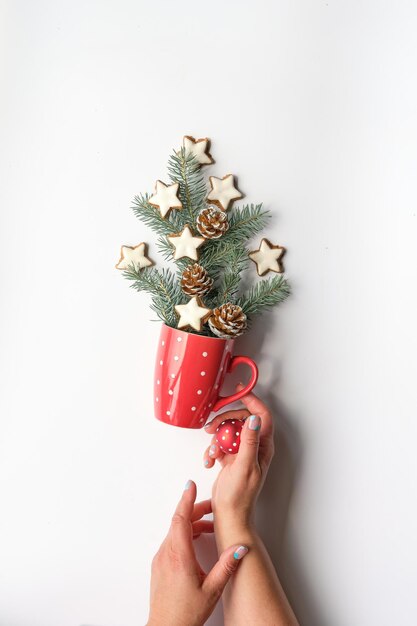 Roter Becher mit Weihnachtsbaumzweigen in den Händen. Natürliche Tanne, verziert mit Tannenzapfen und Sternkeksen. Kreatives einfaches minimales Winterarrangement. Hände mit gepflegten Nägeln, die eine Tasse und eine rote Kugel halten.