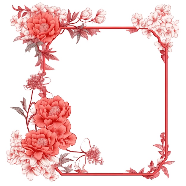 Roter Blumenstrauß auf rotem Rahmen für Hochzeitseinladungskarte GenerativeAI Vintage-Stil mit roten Blumen