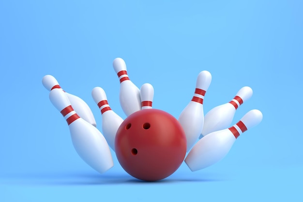 Roter Bowlingball und verstreute weiße Skittles, isoliert auf blauem Hintergrund 3D-Rendering-Illustration