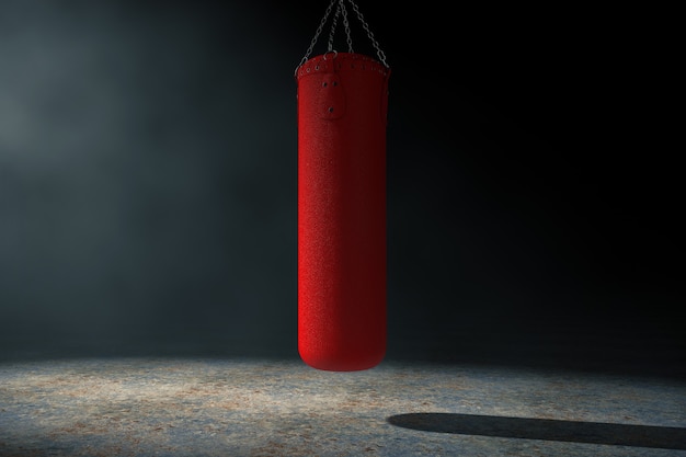 Roter Boxsack aus Leder für das Boxtraining im volumetrischen Licht auf schwarzem Hintergrund. 3D-Rendering