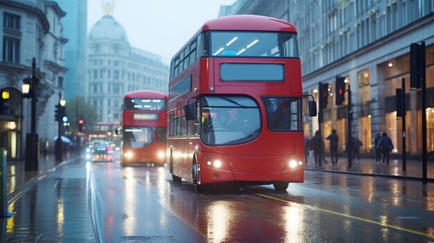 Foto roter bus fährt durch die stadt generative ki