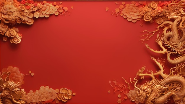 Foto roter chinesischer neujahrs-drachen blumen-asiatischer rahmen kopie raum-hintergrund