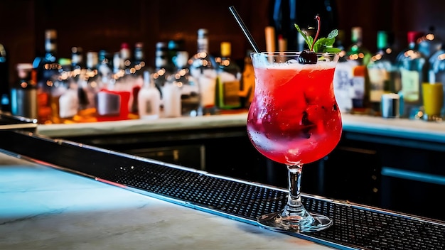 Roter Cocktail in einem hohen Glas an der Bar aus der Nähe