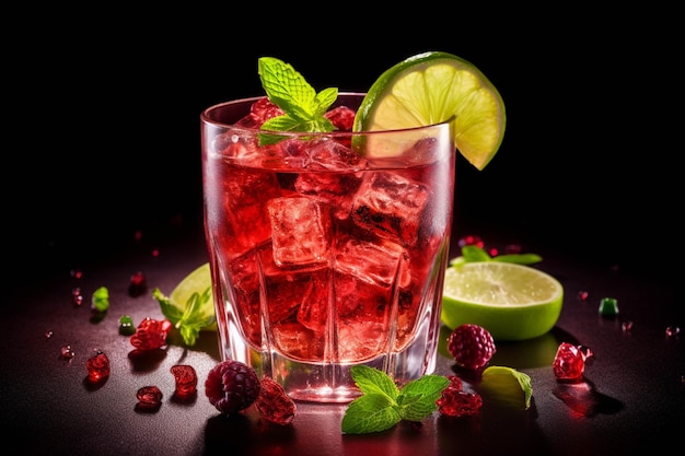 Roter Cocktail mit Limette und Minze auf schwarzem Hintergrund