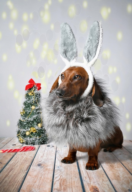 Roter Dachshund, der zu Weihnachten als Kaninchen verkleidet ist