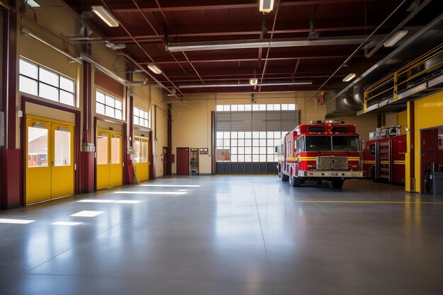 Roter Feuerwehrwagen Notfallwagen geparkt in der Station Feuerwehrtransport für Rettungsteams Generative KI