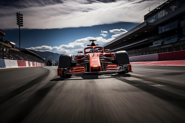 Roter Formel-Rennwagen fährt auf einer sonnigen Strecke Fährt ein Formel- Rennwagen auf einer Rennstrecke