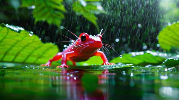 Roter Frosch sitzt auf einem grünen, blattbedeckten Boden