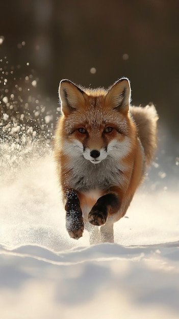 Roter Fuchs im Schnee läuft durch den tiefen Schnee, jagt und springt.