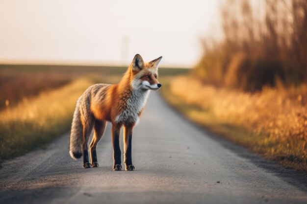 Foto roter fuchs steht auf einer landstraße roter füchs auf der straße auf dem feldhintergrund