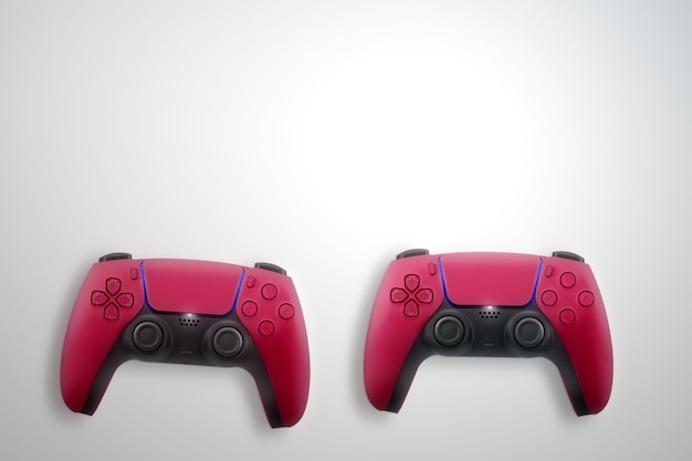 Roter Gamecontroller der nächsten Generation isoliert auf weißer Oberfläche. Ansicht von oben.