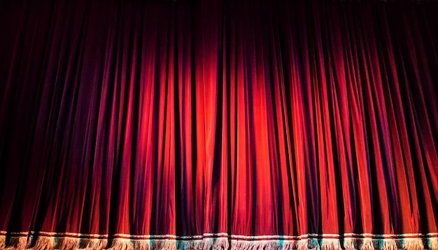 Roter geschlossener Vorhang mit Scheinwerfern im Theater