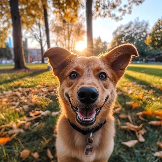 Roter, glücklicher Hund in Nahaufnahme im Herbstpark im Morgengrauen. Sanft lächelnder, fröhlicher Hund für einen Spaziergang