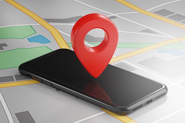 Roter GPS-Pin auf Smartphone und Karte. 3D-Rendering