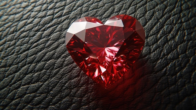 Roter herzförmiger Diamant auf schwarzem Ledergrund