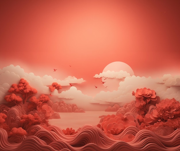 Roter Himmel und weiße Wolke auf rotem Hintergrund mit Vogel und dem großen Mond. GenerativeAI-Papierschnitt-Stil im chinesischen Stil