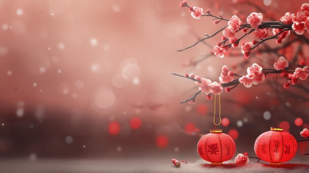 Roter Hintergrund des Chinesischen Neujahrsfests mit Pflaumenblüten- und 3D-Laternenelementen