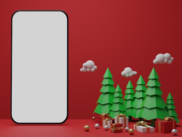 Roter Hintergrund mit leerem mobilen Modell des weißen Bildschirms, Geschenkbox und Weihnachtsbäumen
