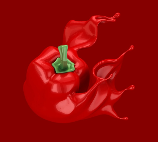 Foto roter hintergrund mit paprika und spritzketchup, soße, saft. 3d-rendering.