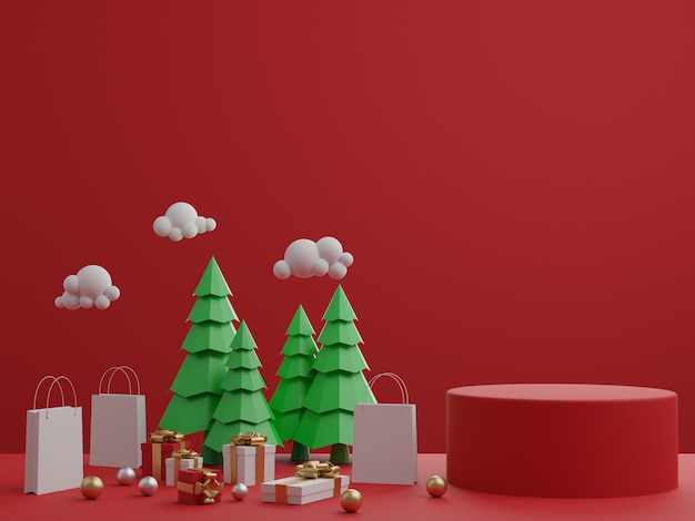 Roter Hintergrund mit Podium, Geschenkbox und Weihnachtsbäumen für Produkt. 3D-Rendering.