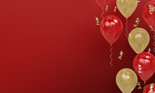 Roter Hintergrund mit realistischen roten und goldenen Ballons Celebration 3D Render