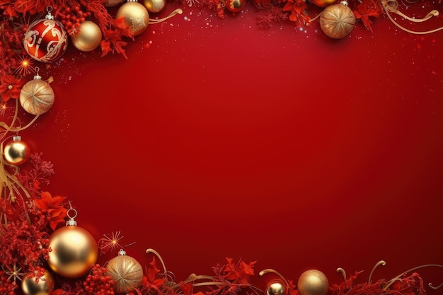 Roter Hintergrund mit Weihnachtsdekoration, Platz zum Schreiben von Weihnachtsfeiertagen. Generative KI